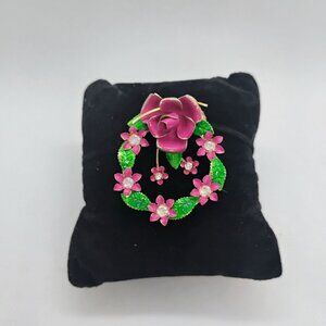 Vtg 1950s Rose Floral Wreath Brooch Pink Green Enamel w/Rhinestones 1.5"